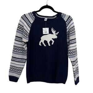 Janie & Jack Boys Fair Isle Moose Sweater Navy Cotton Wool Winter Holiday